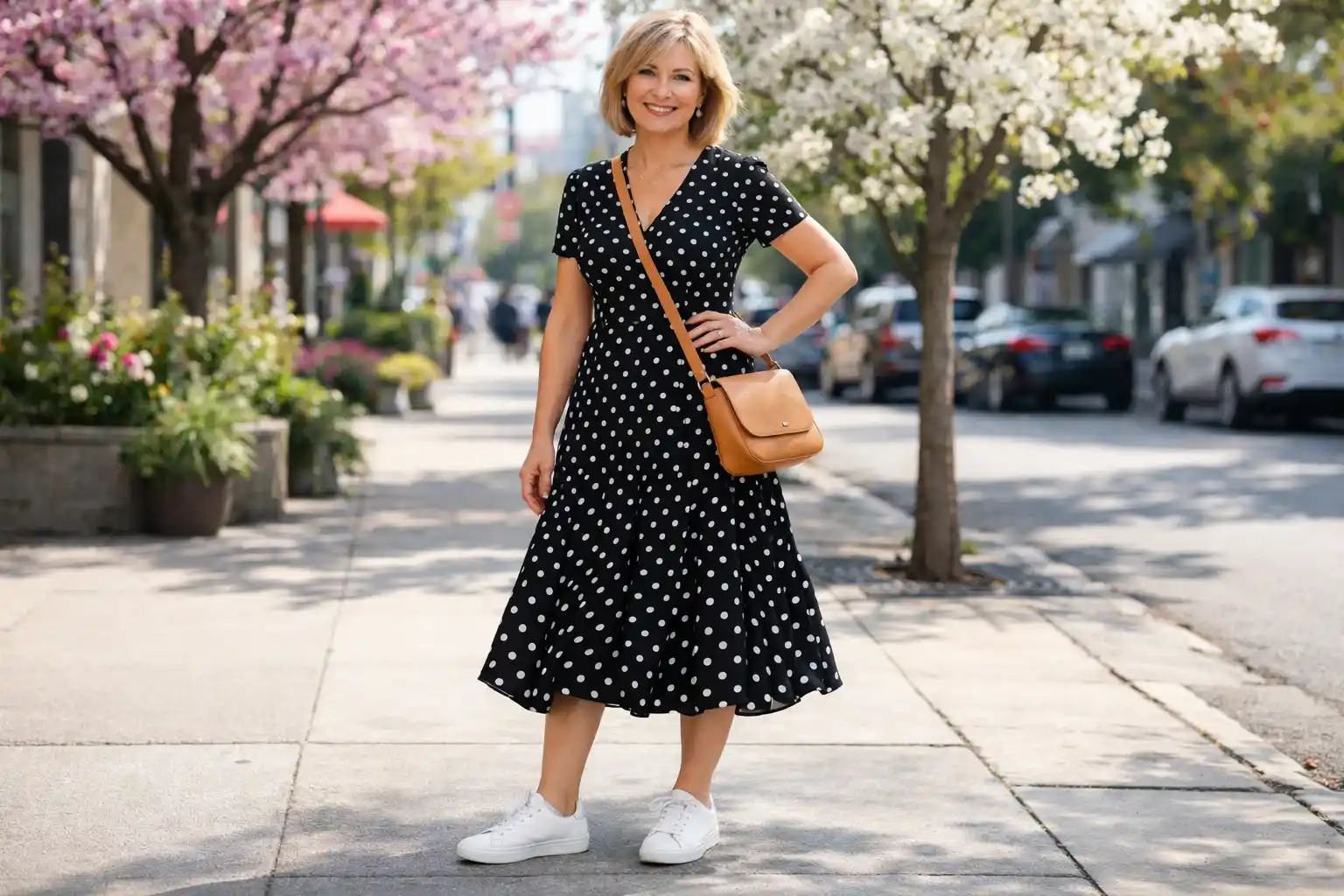 Polka Dot Midi Dress with Sneakers or Low Heels
