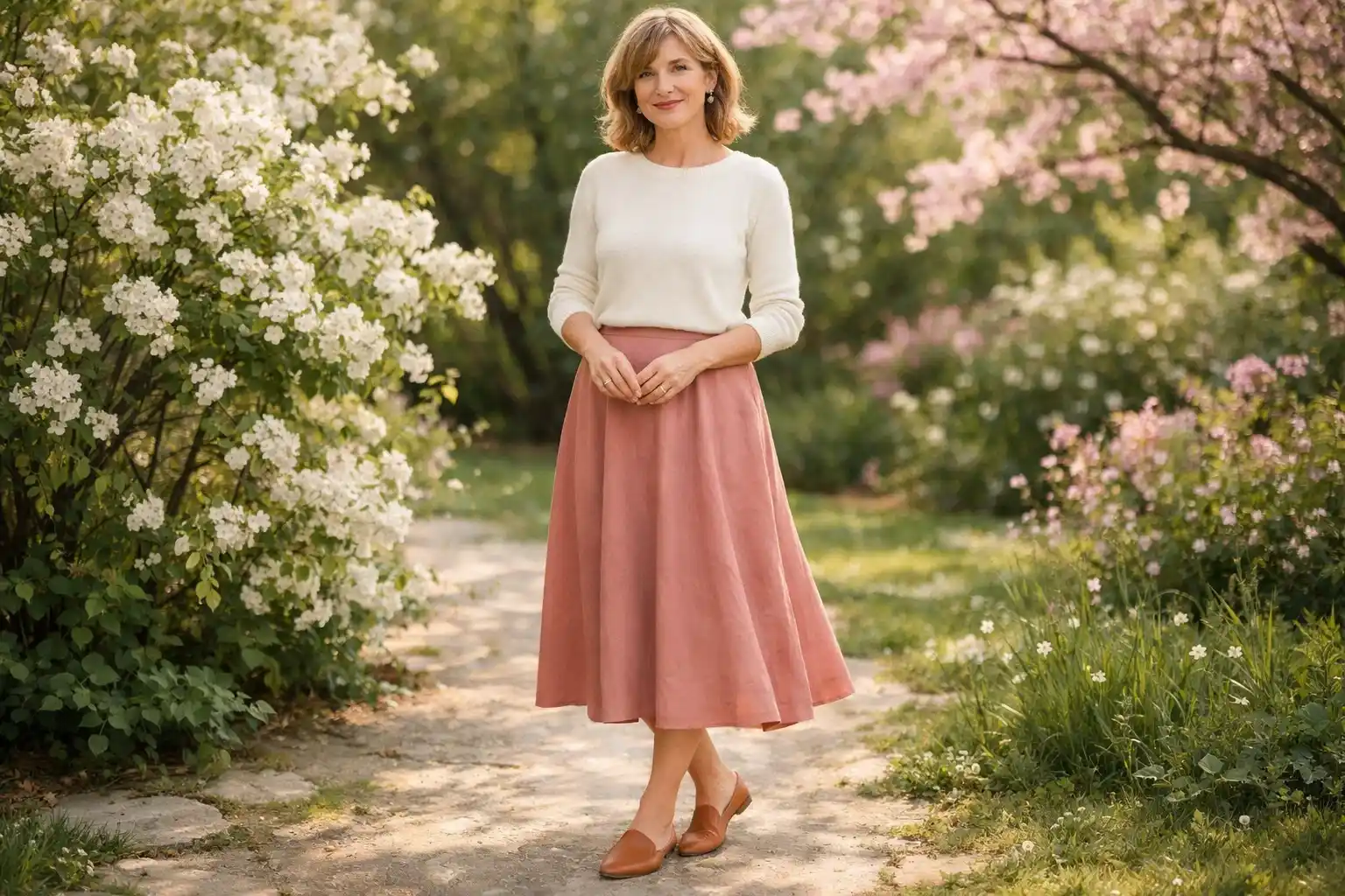 A Flowy Midi Skirt with a Lightweight Sweater