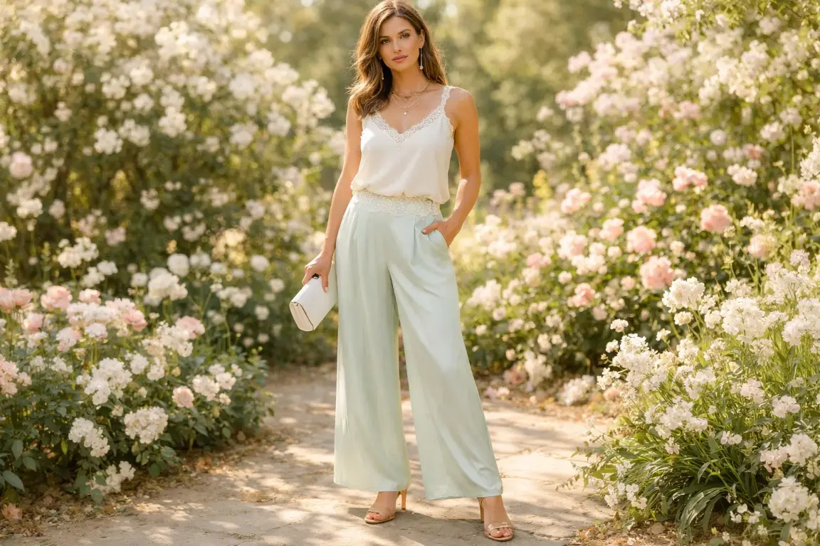 Silk Wide-Leg Trousers with a Lace-Trimmed Blouse