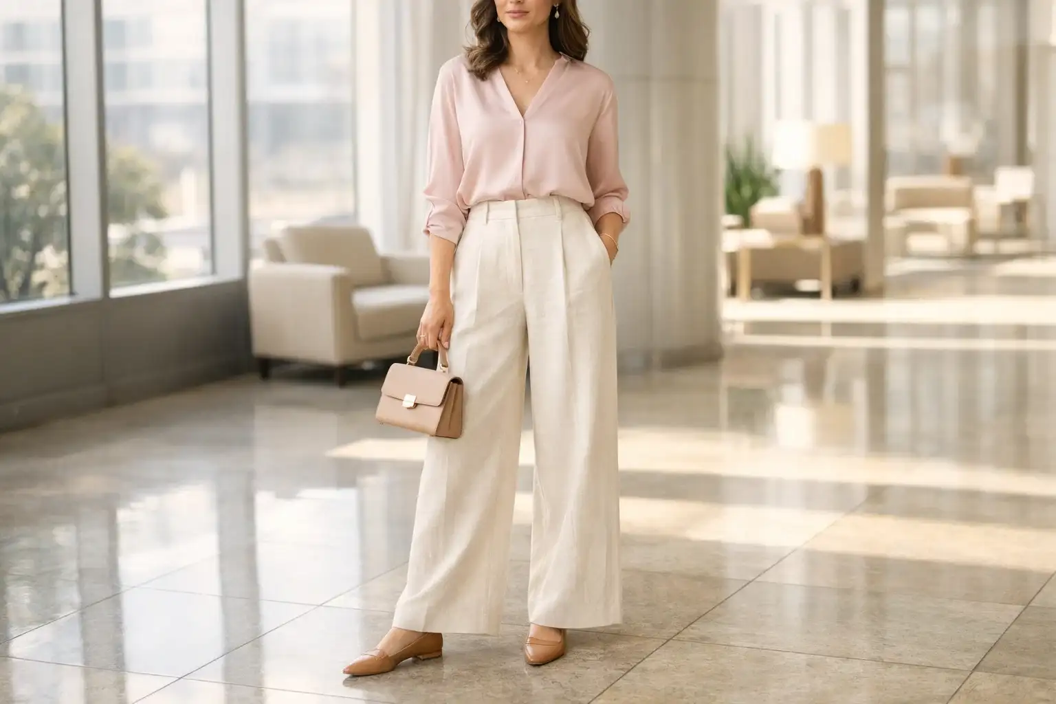 Wide-Leg Linen Trousers with a Tucked Silk Blouse