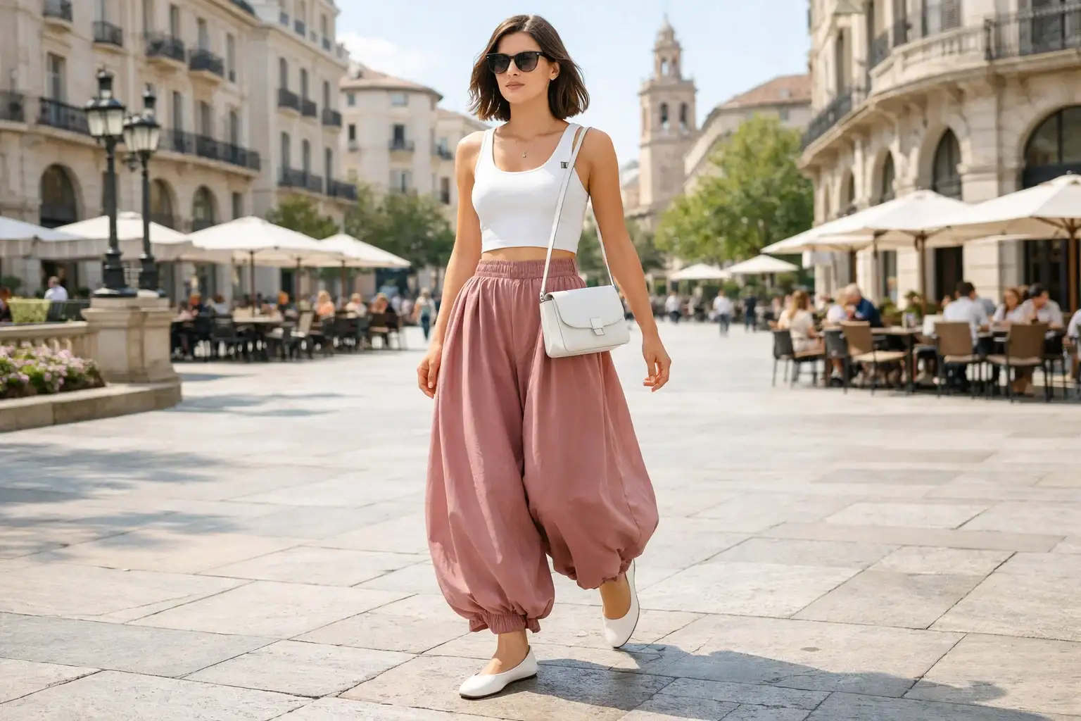 Balloon Pants with a Cropped Tank and Ballet Flats