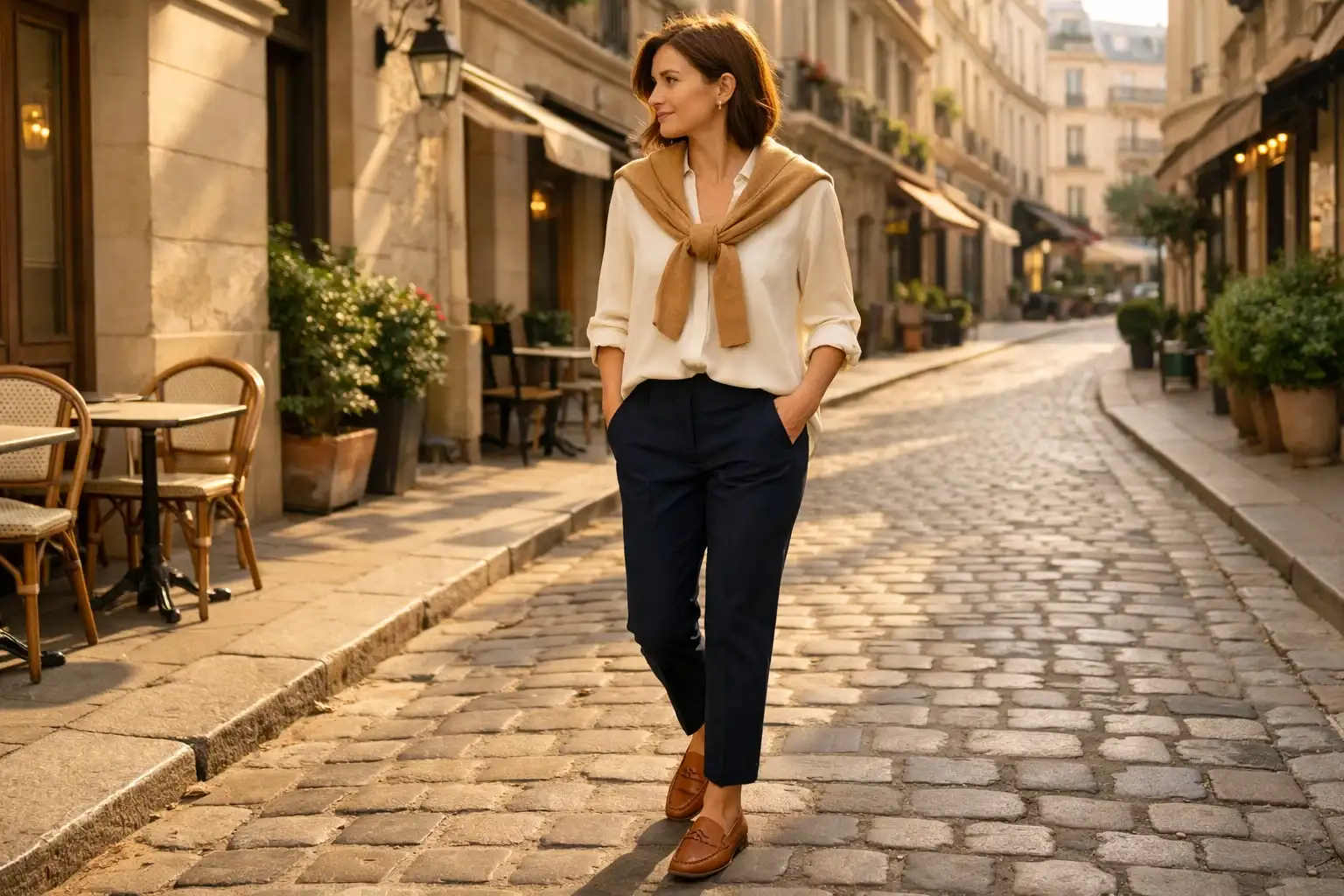Cigarette Pants with a Silky Blouse and Loafers