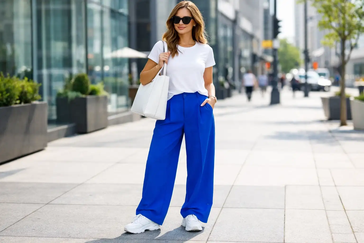 Electric Blue Trousers with a White Fitted Tee