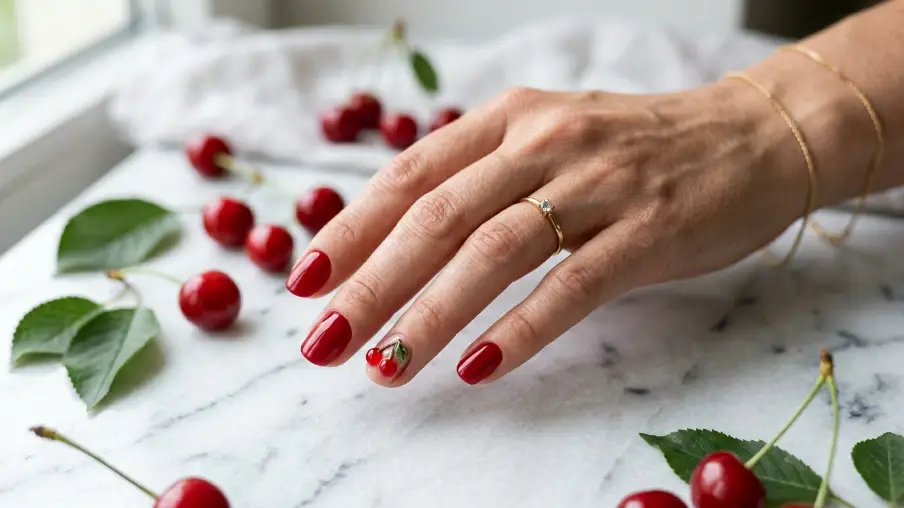 3D Cherry Accent Nails