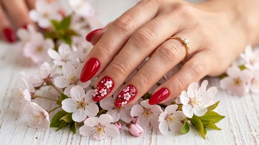 Red Floral Nail Art