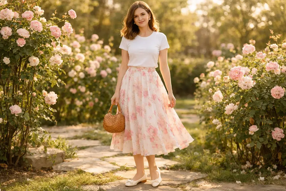 Bow-Detailed Flats with a Floral Midi Skirt