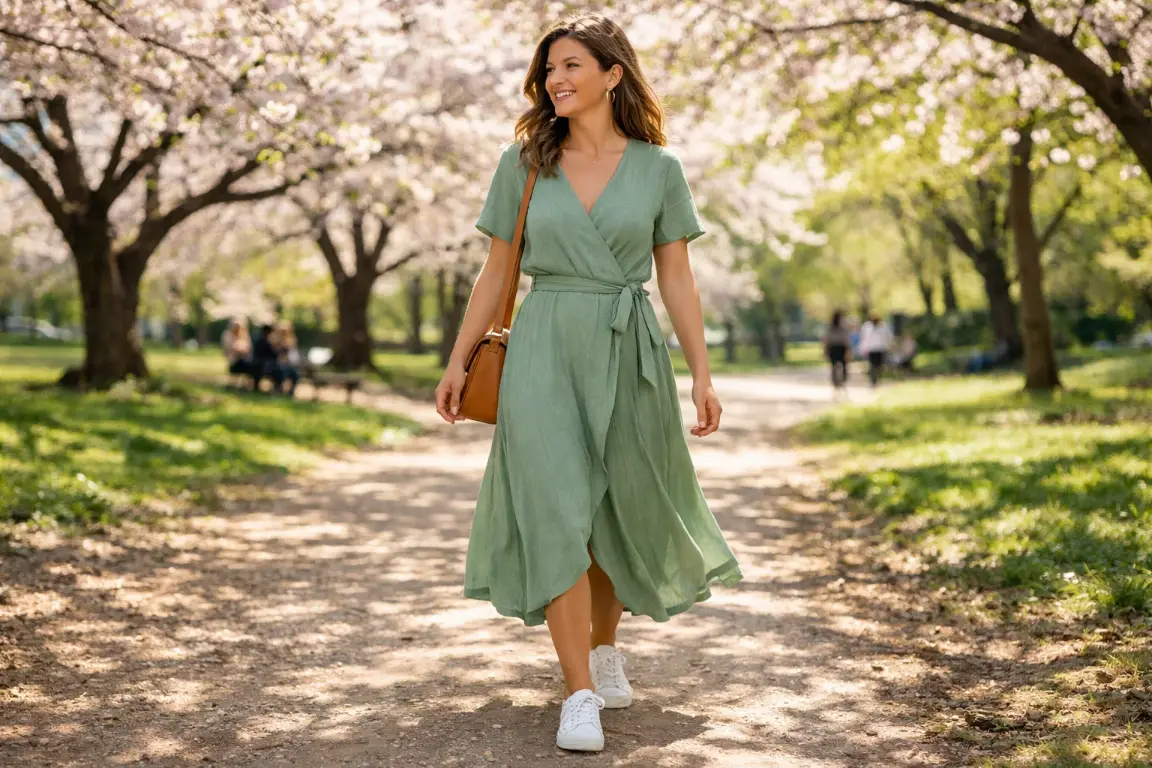 Slim Sneakers with a Flowy Midi Dress
