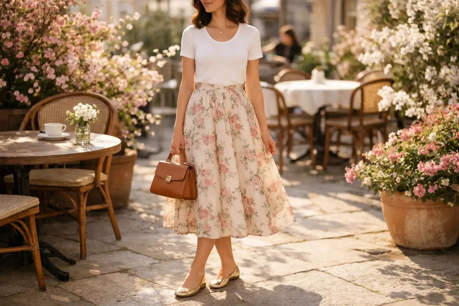Gold Ballet Flats with a Midi Skirt