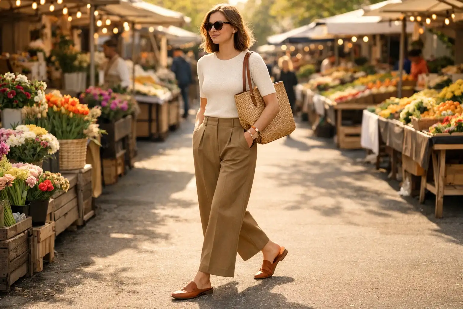 Loafers with Wide-Leg Trousers and a Knit Top