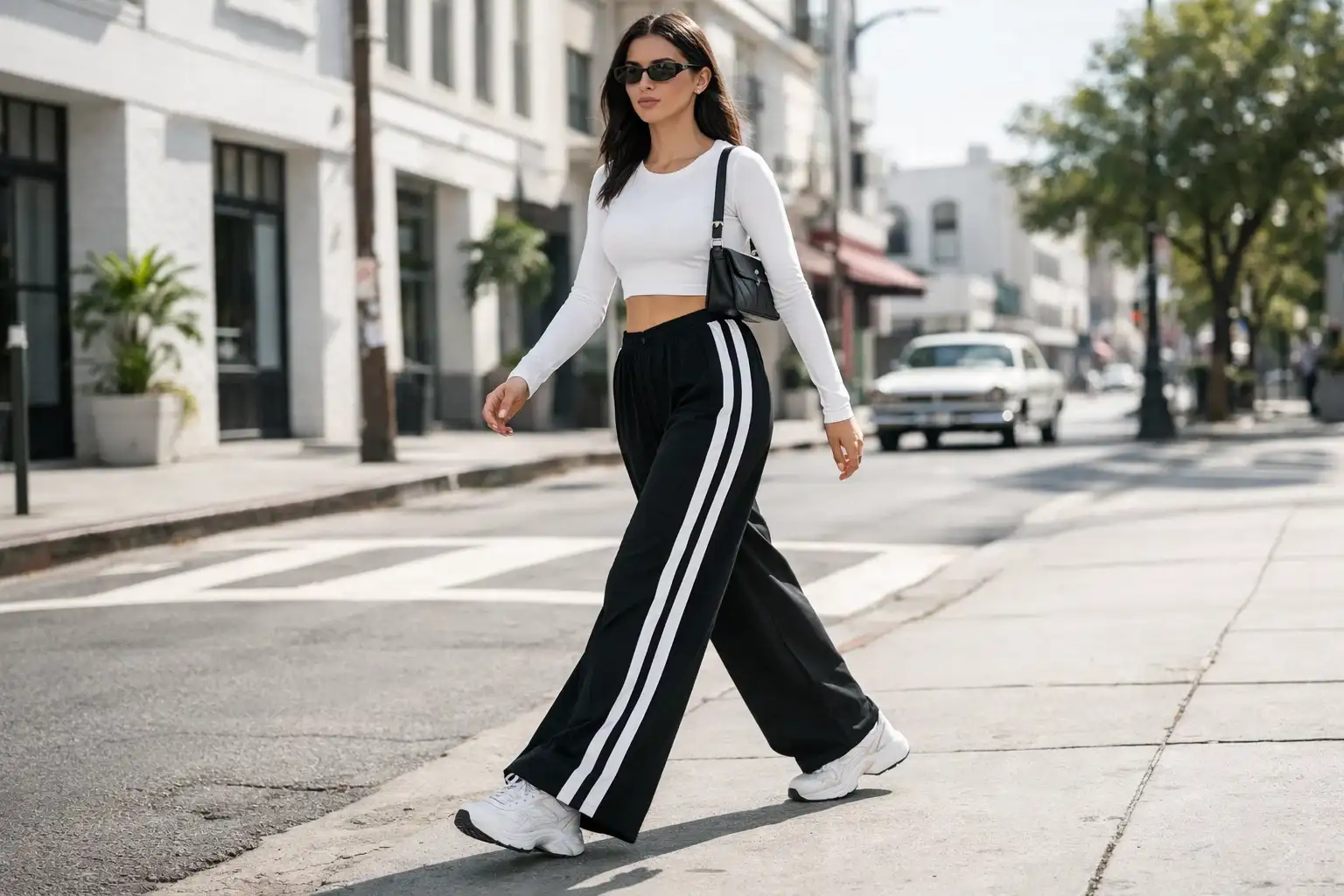 Wide-Leg Track Pants with a Cropped Athletic Top