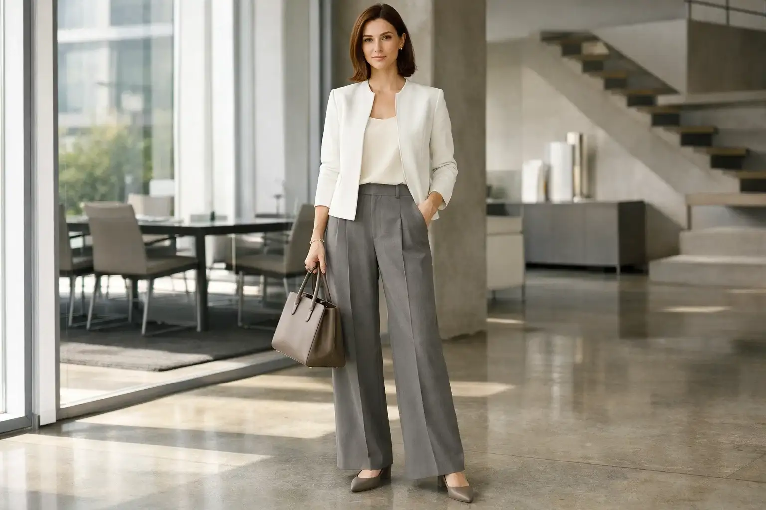 Collarless Jacket and Wide-Leg Trousers