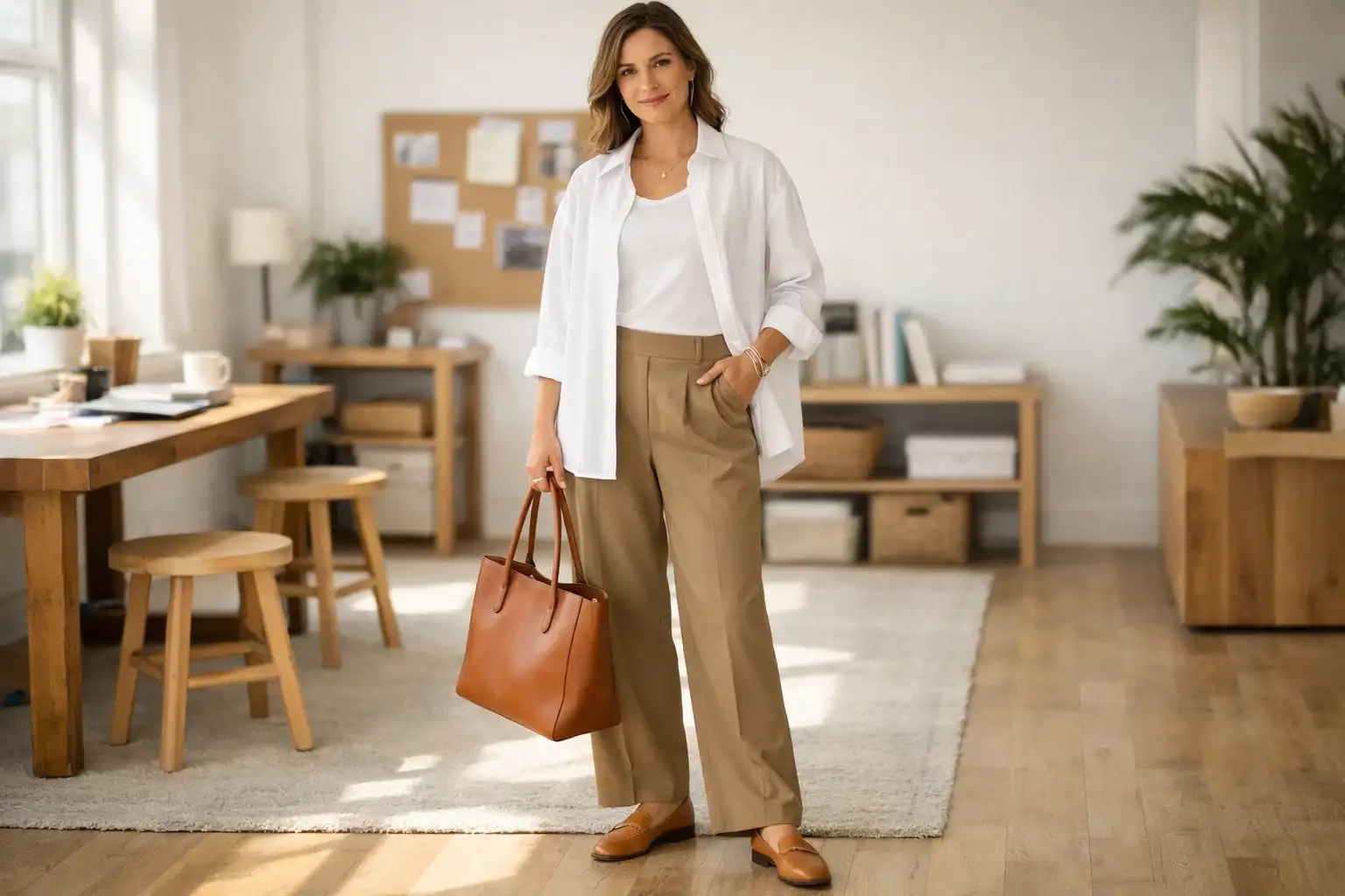 Khaki Wide-Leg Trousers and Layered Tops