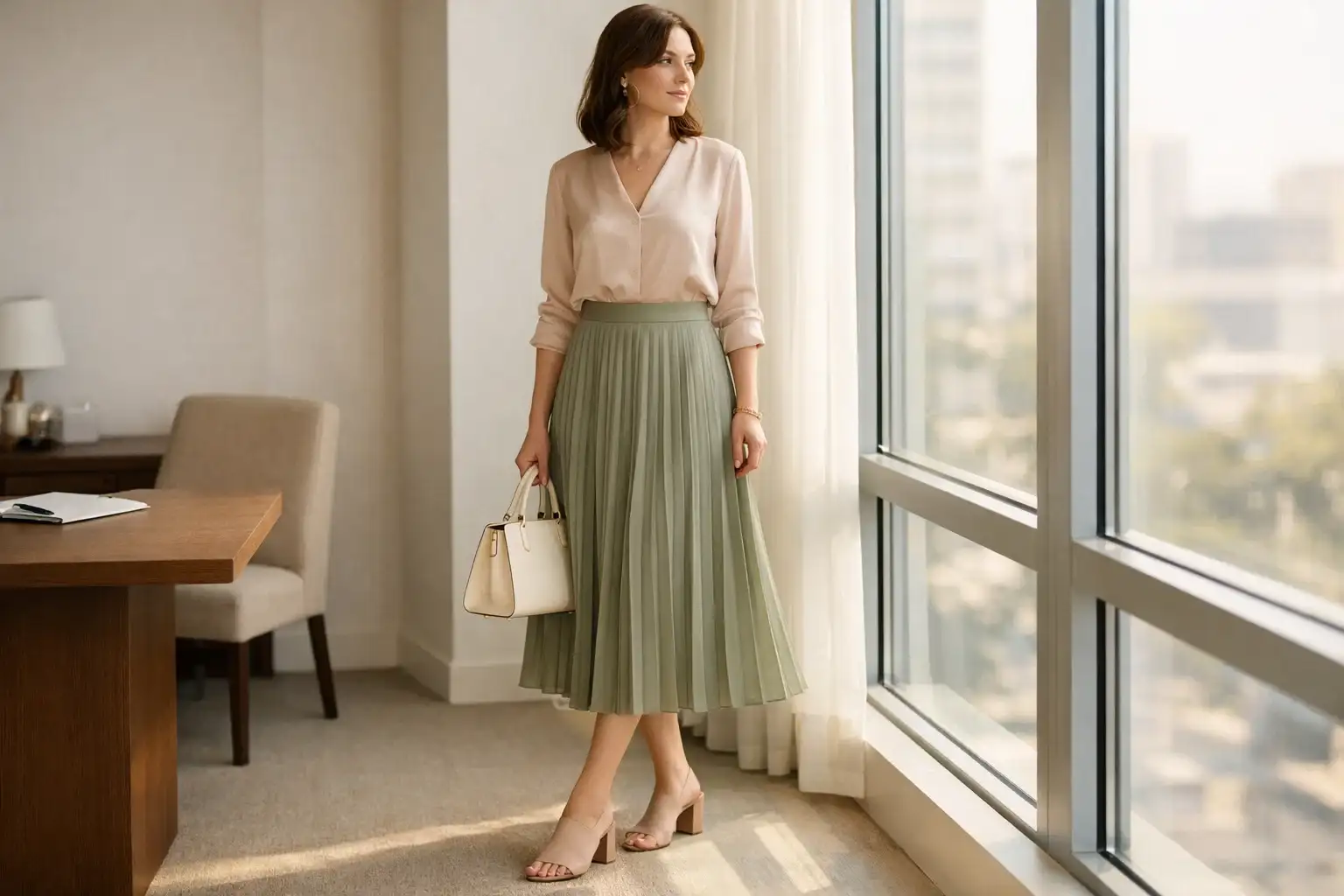 Pleated Midi Skirt and Tucked-In Silk Blouse