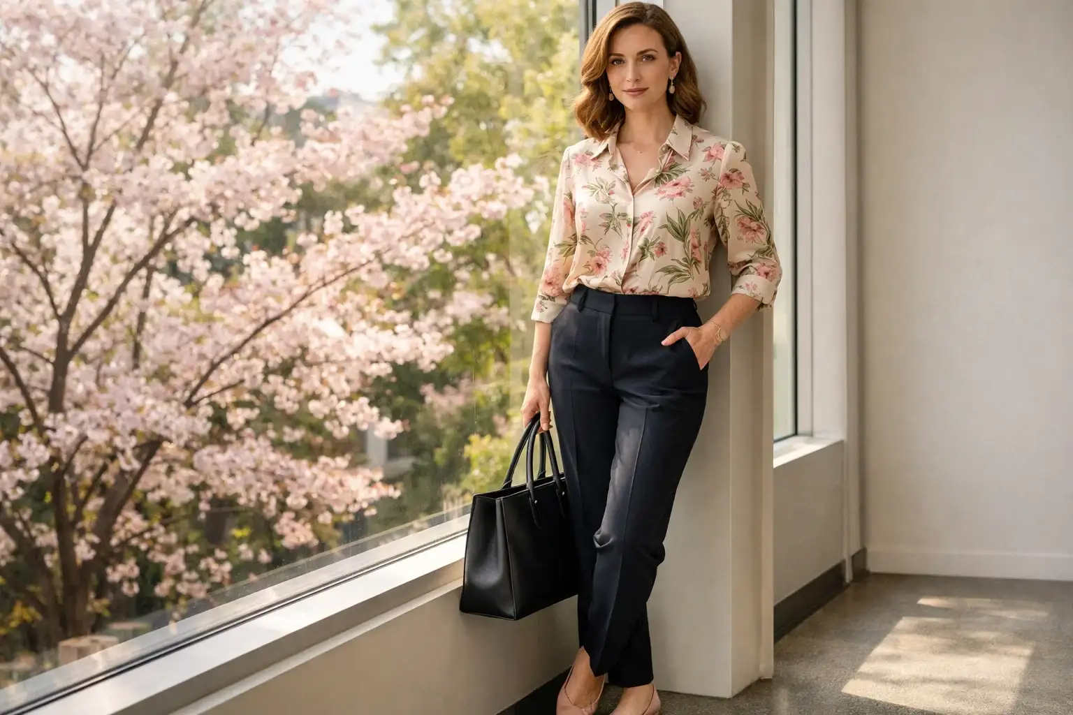 Floral Blouse and Tailored Dark Trousers