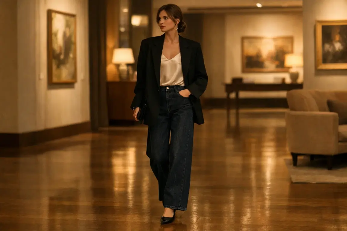 The Blazer Over a Camisole with Wide-Leg Jeans