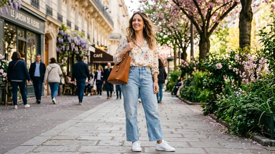Wide-Leg Jeans and a Floral Blouse