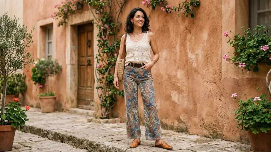 Paisley Print Jeans and a Neutral Crochet Top