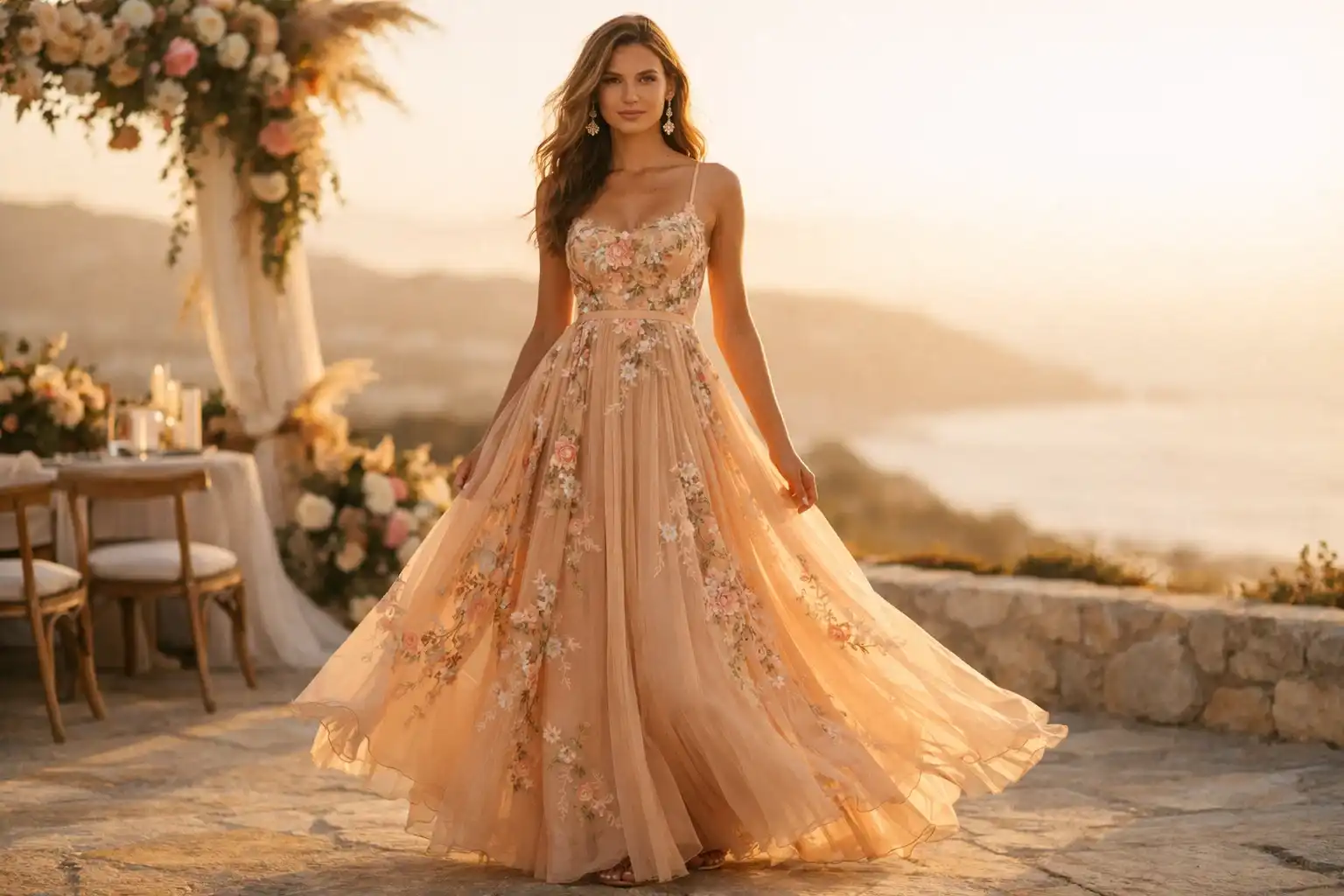 Peach Embroidered Maxi Dress