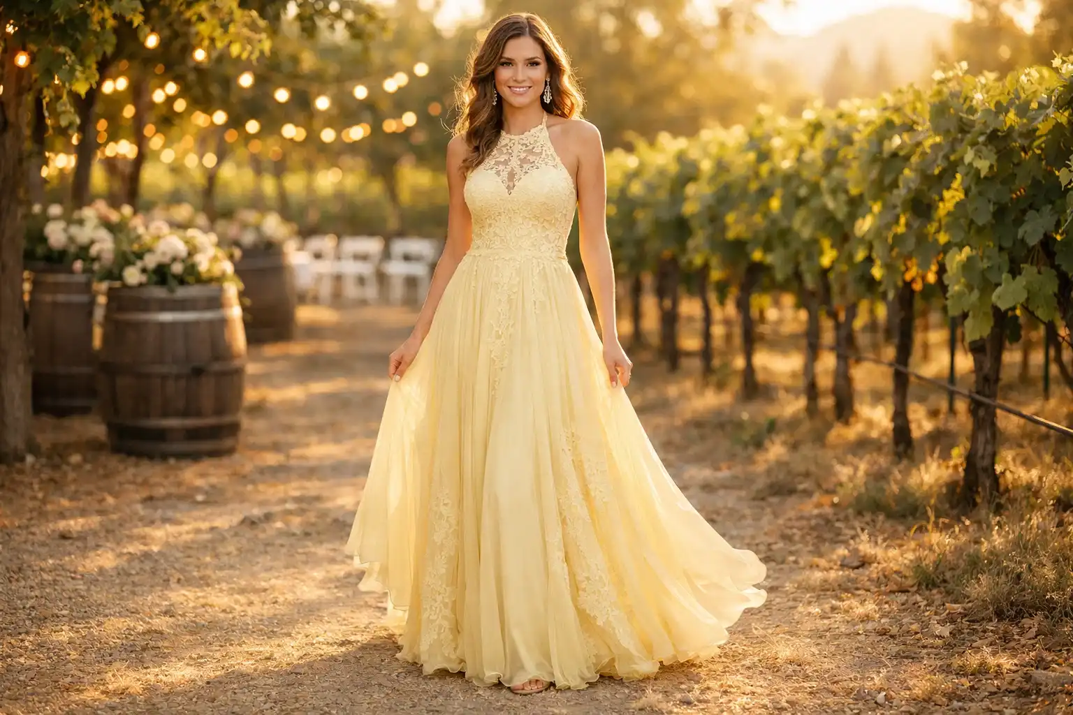 Butter Yellow Lace Halter Gown