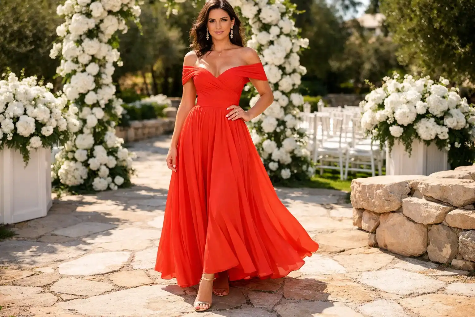 Bold Coral Off-the-Shoulder Dress