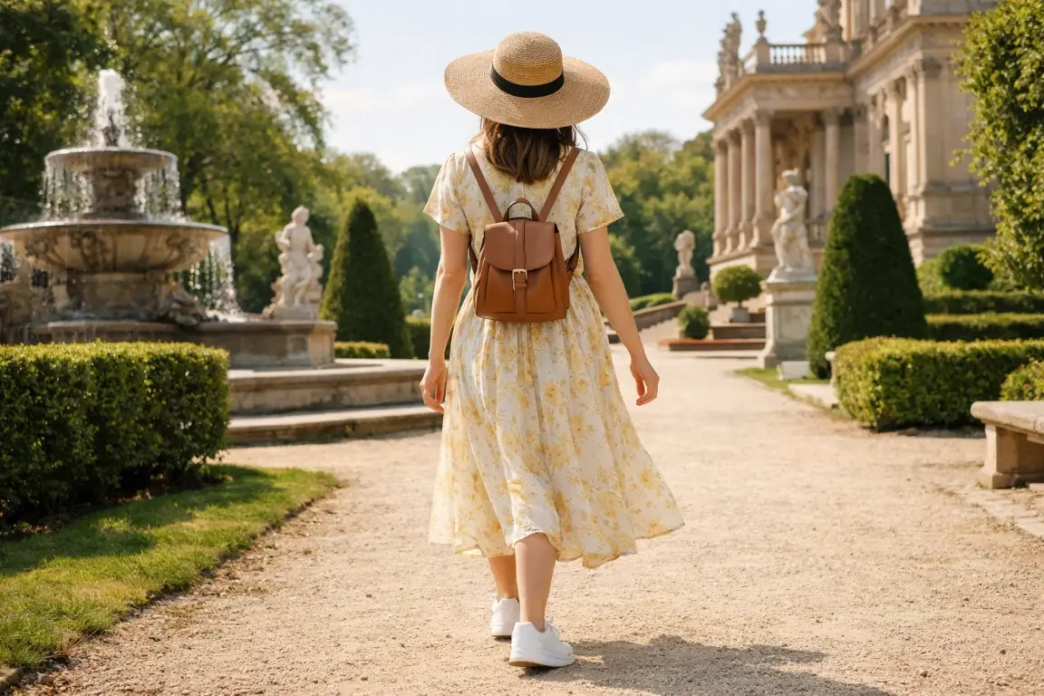 Wide-Brim Hat With a Casual Dress and Sneakers