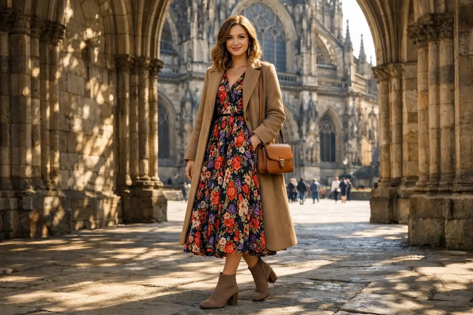 Floral Midi Dress With a Neutral Long Coat