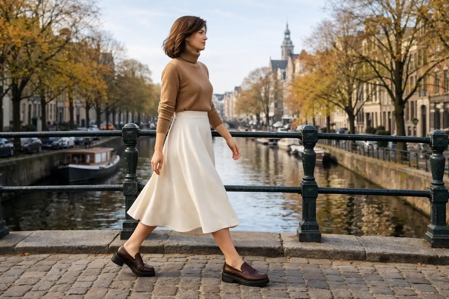 Neutral Turtleneck With a Midi Skirt and Loafers