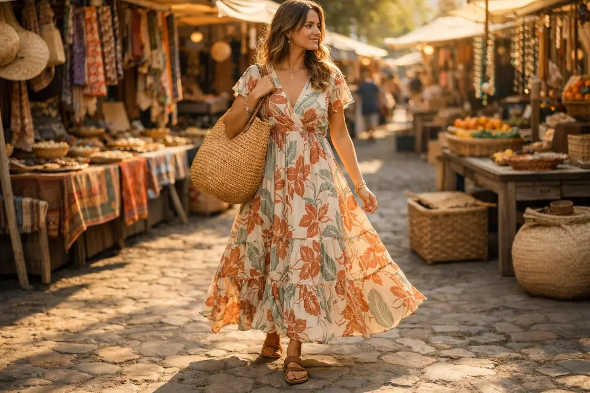 A Boho Cotton Maxi Dress with Woven Accessories