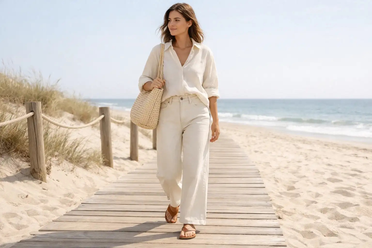 Ecru Wide-Leg Jeans with a Tonal Top