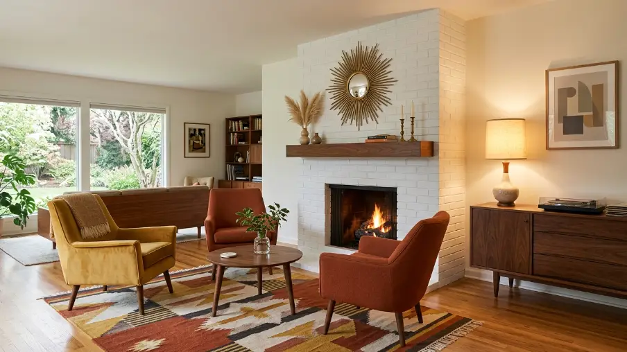 Mid-Century Modern White Brick Fireplace