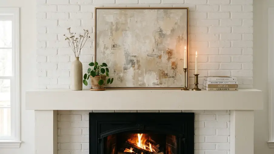 Minimalist Mantel Decor for a White Brick Fireplace