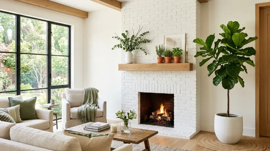 White Brick Fireplace with Greenery