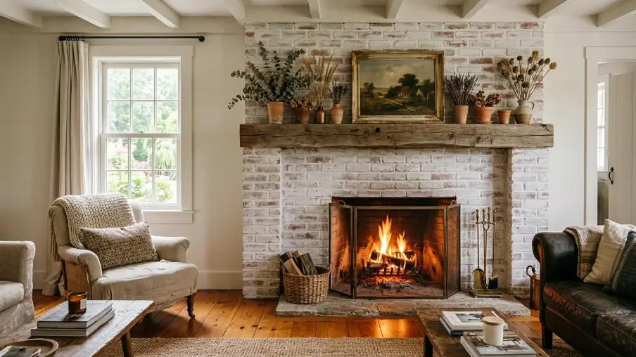 Whitewashed Brick for a Farmhouse Living Room