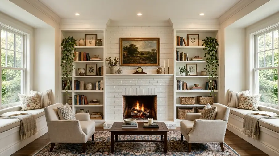 Built-In Shelving Flanking a White Brick Fireplace