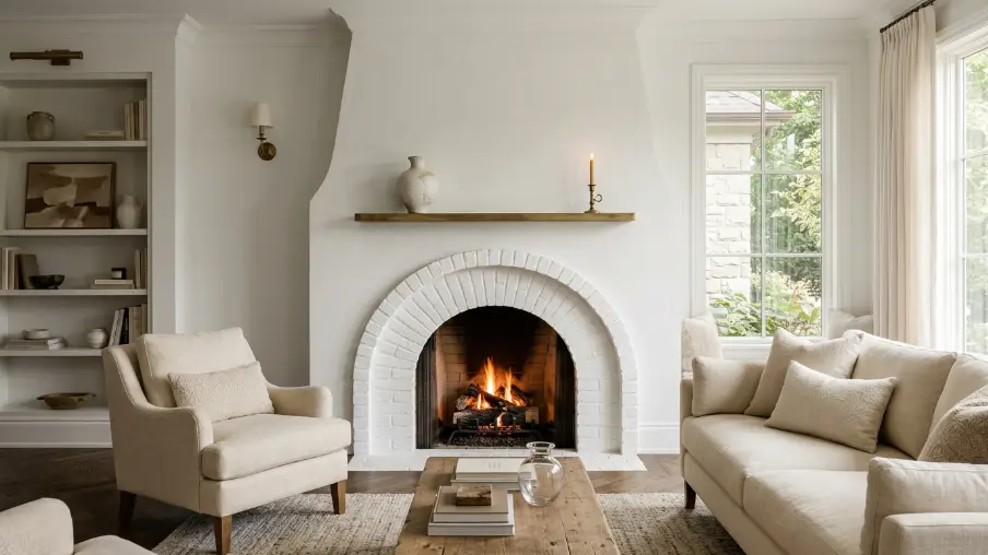 Arched White Brick Fireplace