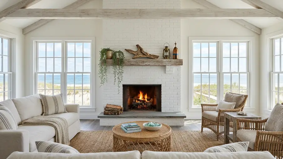 Coastal White Brick Fireplace