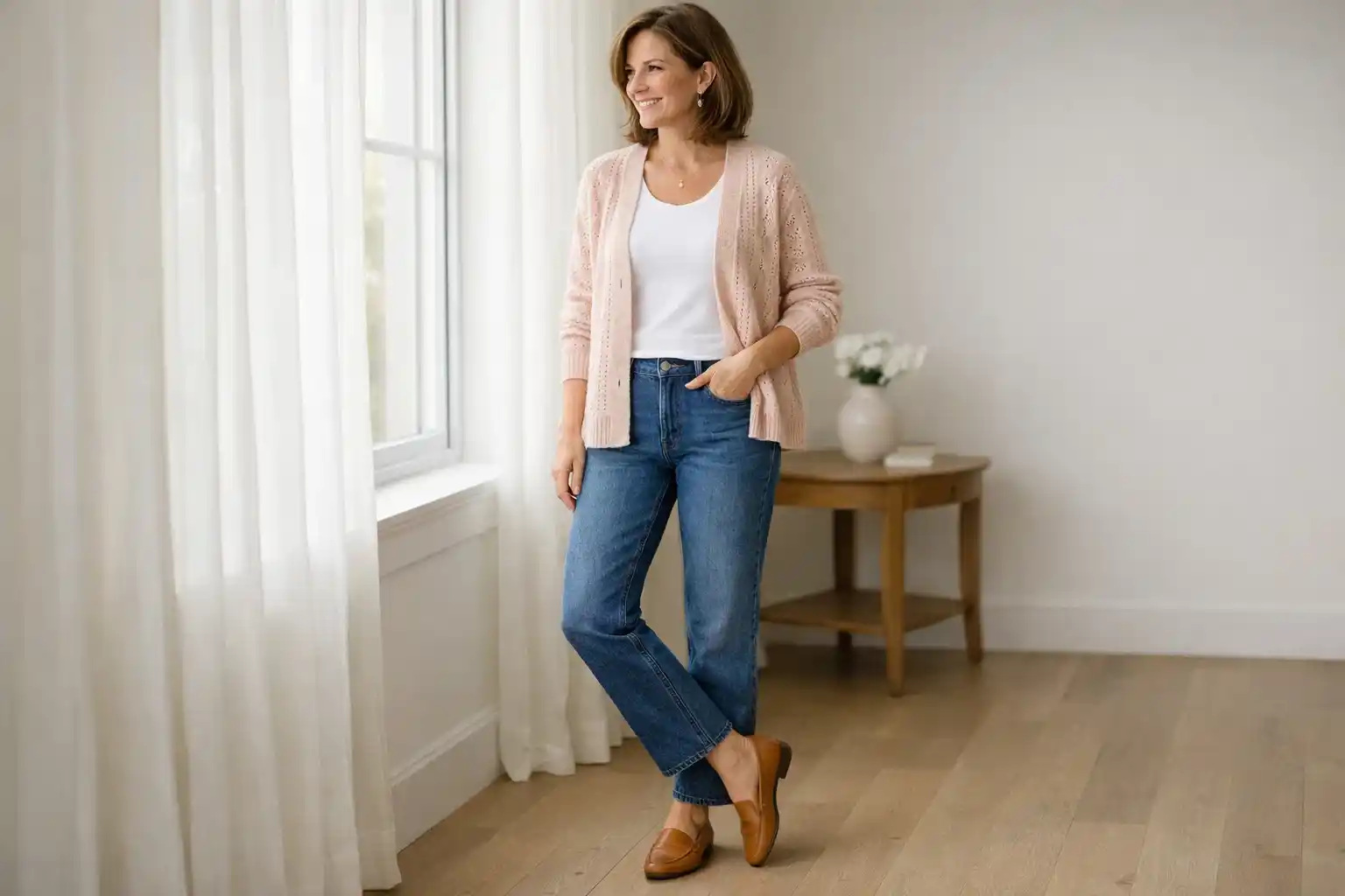 Pointelle Knit Cardigan Over a Fitted Tee