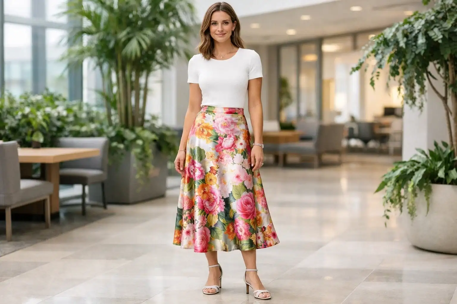 The Floral Satin Skirt with a White Textured Top
