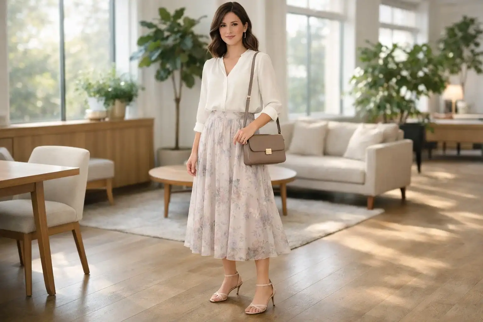 The Pleated Midi Skirt with a Tucked Blouse