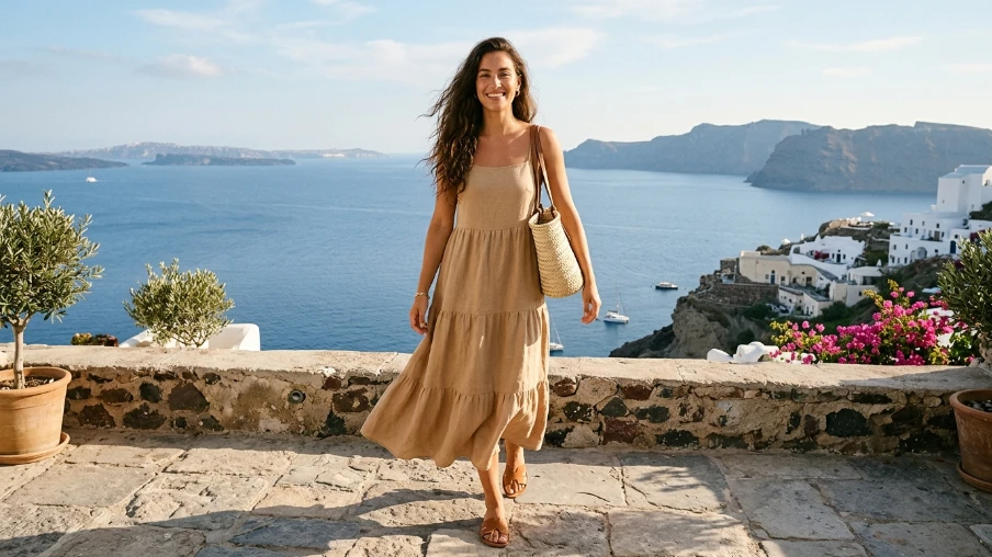 Elegant Vacation Outfit: Linen Dress with Minimal Sandals