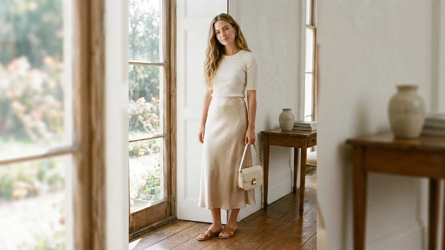 Silk Skirt with a Fitted Knit Top