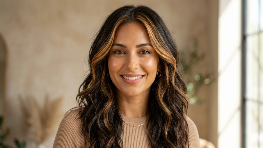 Warm Brunette with Face-Framing Highlights