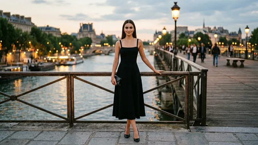 The Timeless Parisian Evening Look: Black Dress with Minimal Jewelry