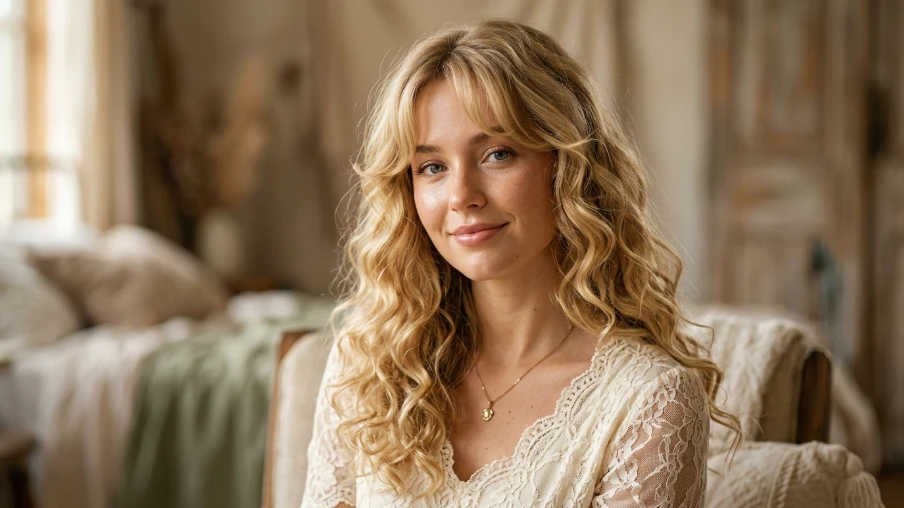 Soft Blonde Curls with Curtain Bangs