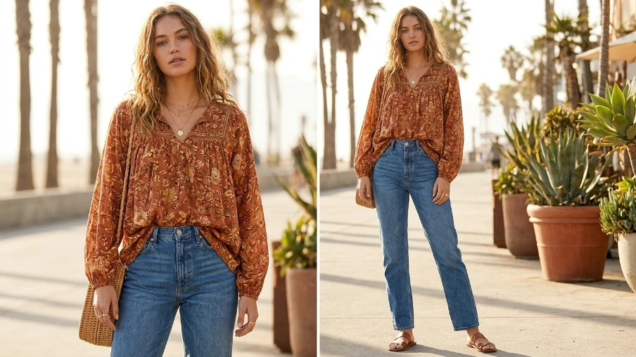 Boho California Look with a Flowy Printed Blouse