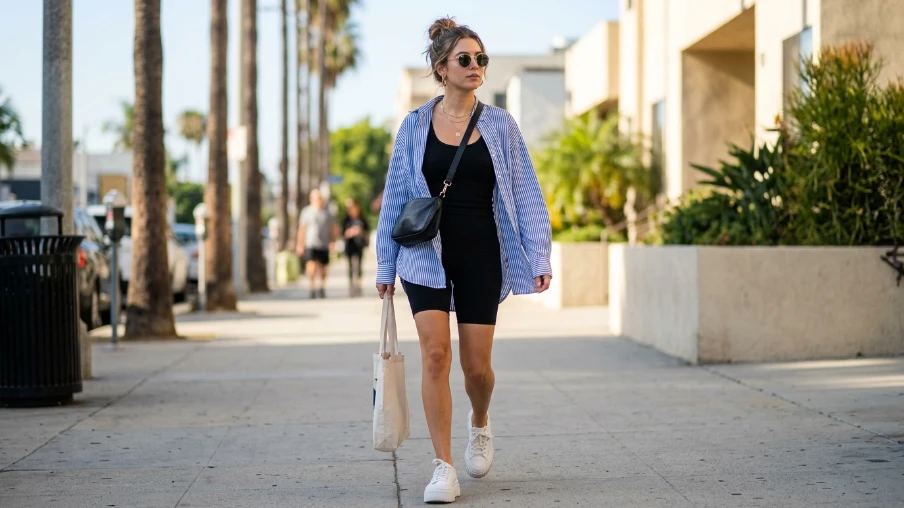 Oversized Button-Down Shirt with Bike Shorts