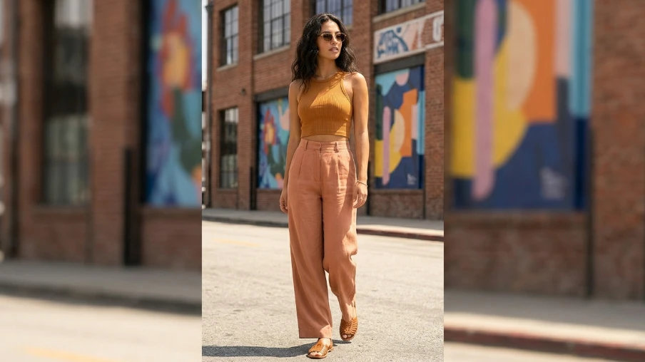 Crop Top with High-Waisted Wide-Leg Trousers