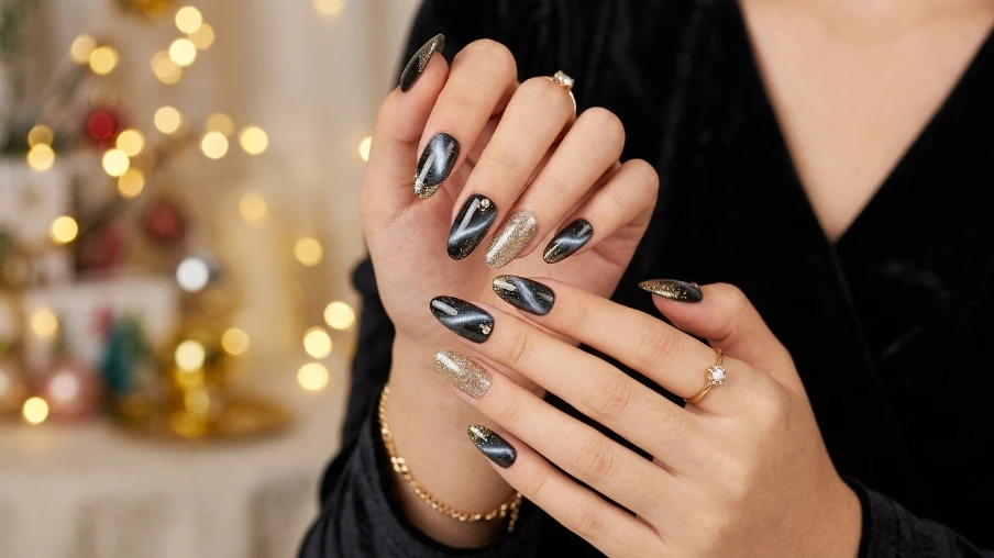 Shimmer Cat Eye Nails with Glitter AccentsShimmer Cat Eye Nails with Glitter Accents