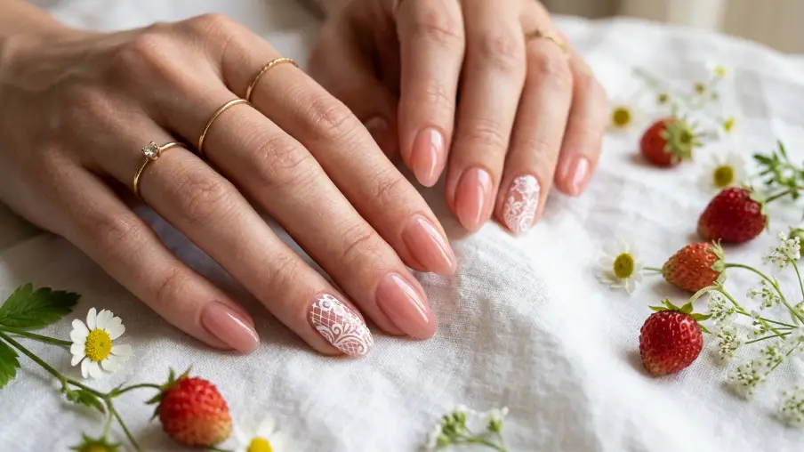 Strawberry Milk Nails with Lace Detail
