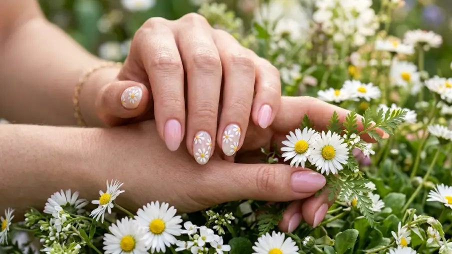 Daisy Nail Art on a Sheer Base